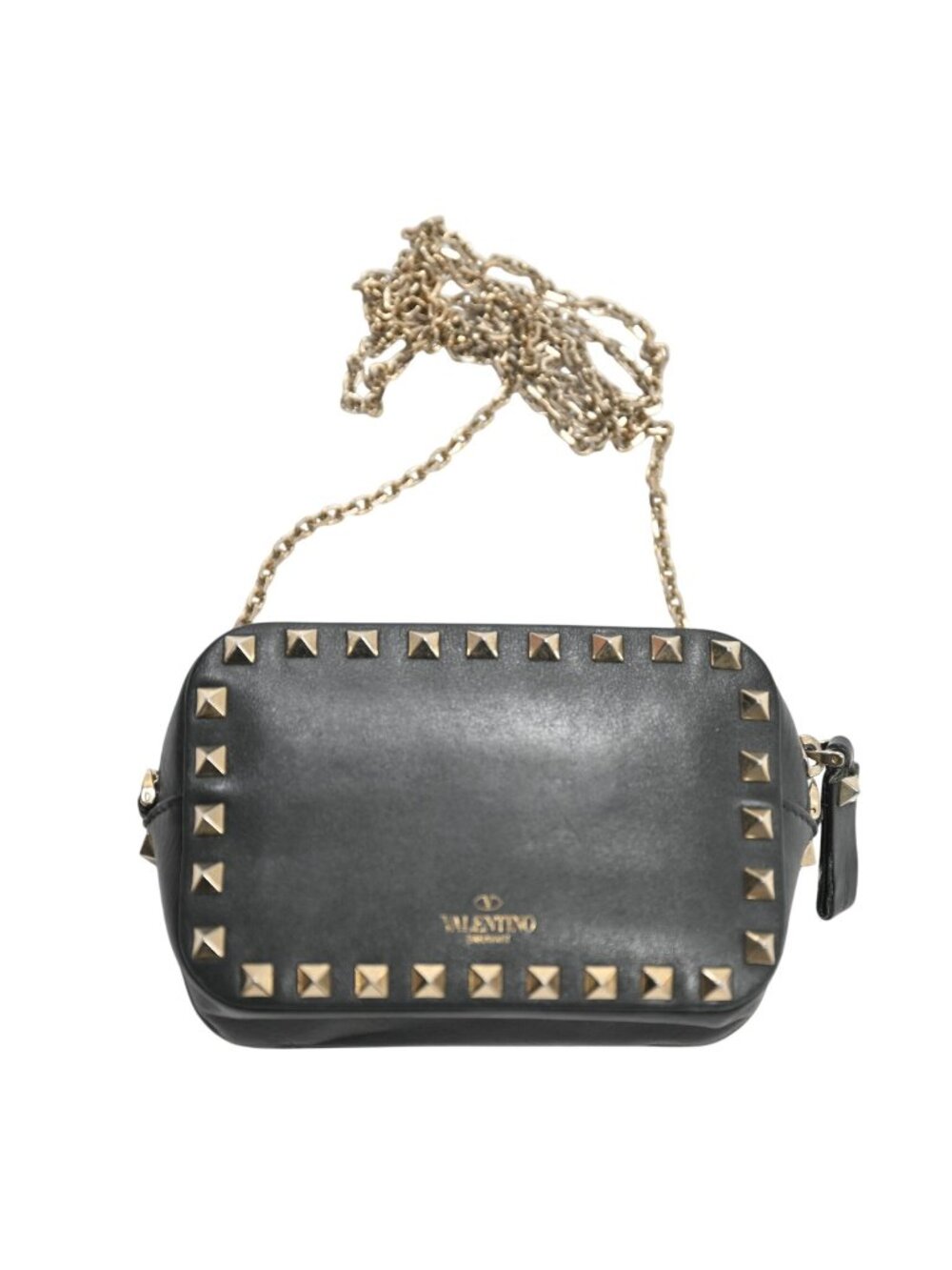 Valentino Garavani Black Leather Mini Crossbody with Gold Pyramid Studs